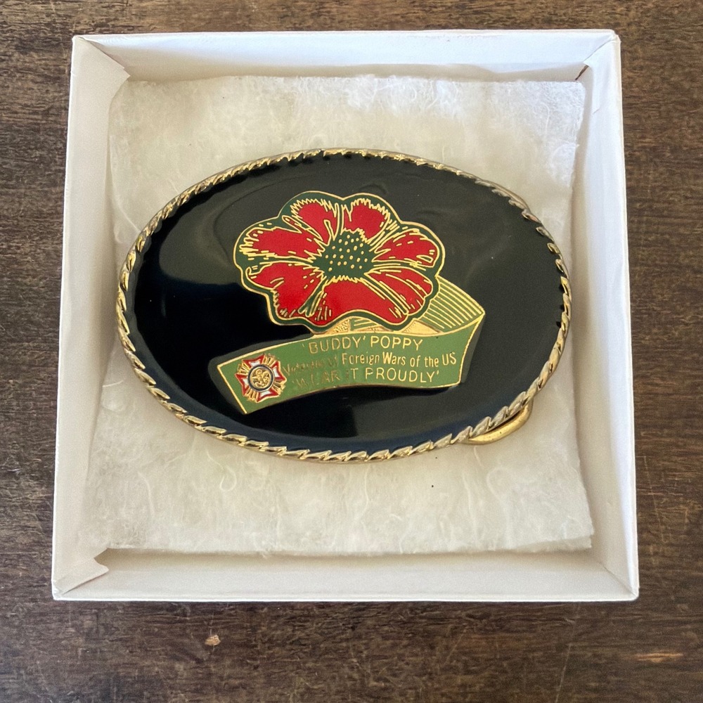 Vintage Buddy Poppy Veterans of Foreign Wars VFW Enamel Belt Buckle USA RARE!